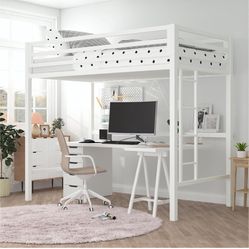 New in box Loft Bed Frame for Juniors&Adults, Metal Loft Bed Twin Size with Safety Guardrail&Removable Ladder, Space-Saving, Noise Free, Cream White 1