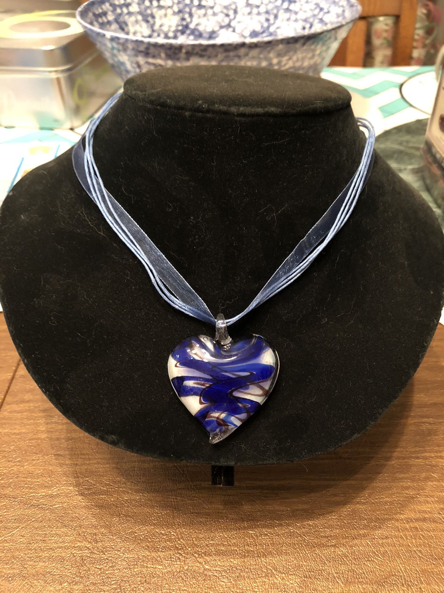 Blue Glass Heart Bead Necklace 