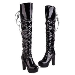 Women Over The Knee Thigh High Boots Lace up Leather Chunky Heel Platform Knight Boots Fashion Long Combat Boots（Size:8.5-9）