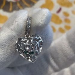 Solid 925 Sterling Silver Heart Charm With Dancing Diamonds