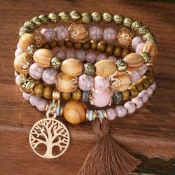 Boho Wooden Bead Bracelet Set 4pcs with Life Tree Pendant and Tassel