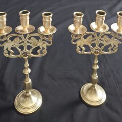 2 Vtg Brass Lion of Judah Candelabra 3 Arm Candle Holders 11.75"x6.75"(each)