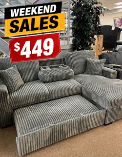 Soft sectional sofa with pull-out bed & storage grey Fur-Like Jumbo Corduroy