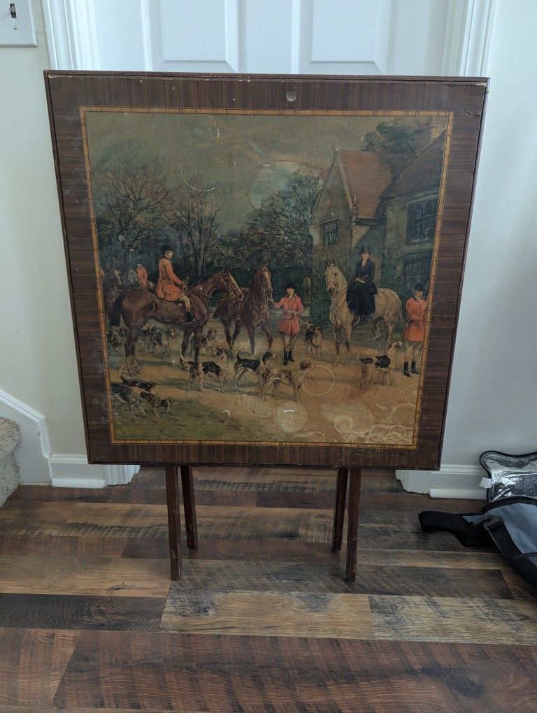 RARE Vintage Chestnut Folding Card Table with Lithograph Hunt Scene
