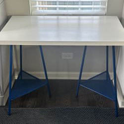 ikea linnmon white desk table 40x24 with blue trestle legs