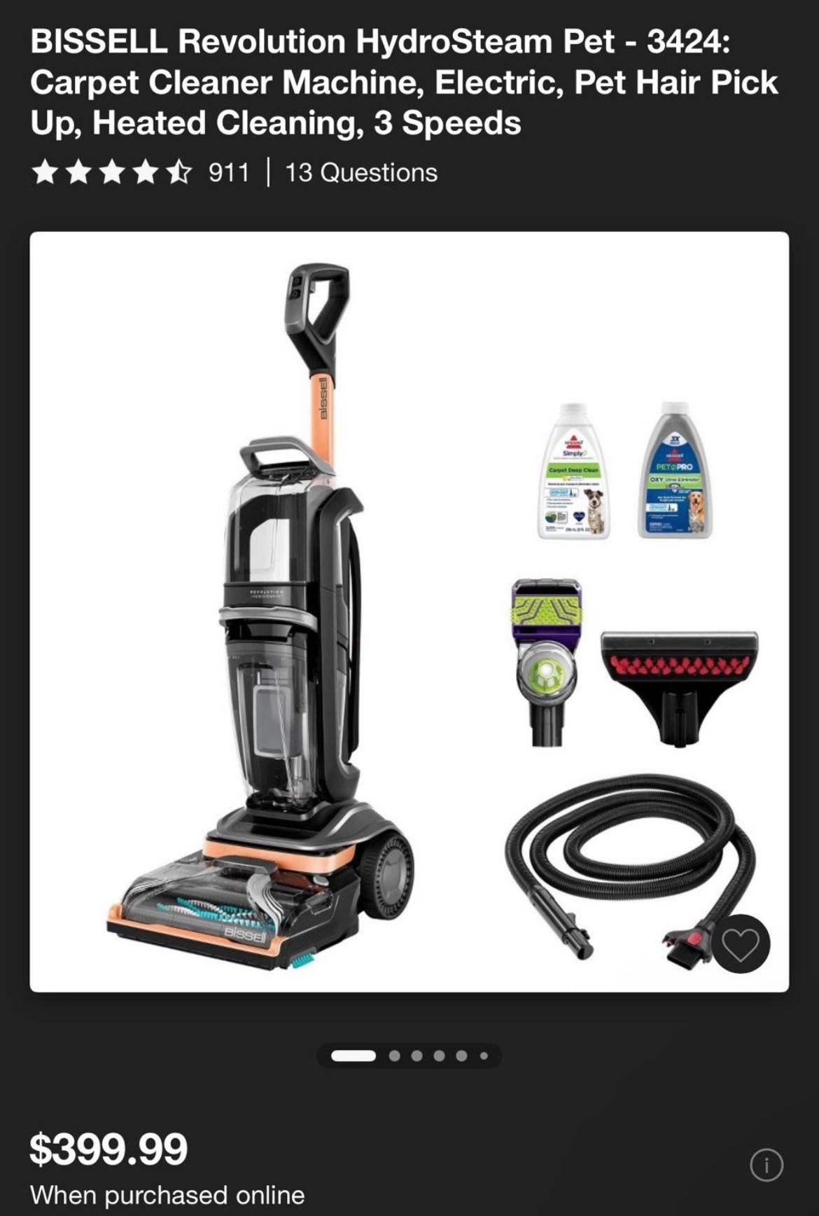 BISSEL Revolution HydroSteam Pet - 3424: Carpet Cleaner Machine, Electric (etc) 3 Speeds