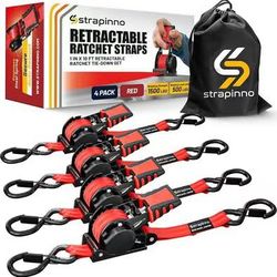 Strapinno Retractable Ratchet Straps (4-Pack), 1 in x 10 ft, 1,500LBS Break Strength, Most Durable Straps and Core, Auto Self Retracting Tie Downs for