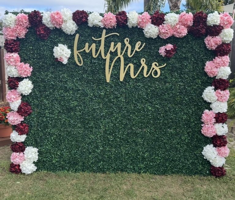 Faux Boxwood Panels + Silk Hydrangeas + Wood Future Mrs. Sign 