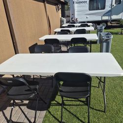 2(6) Foot Tables, 8 Chairs 1 Garbage Can 
