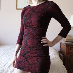 Burgundy and Black Damask Pattern Bodycon Mini Dress
