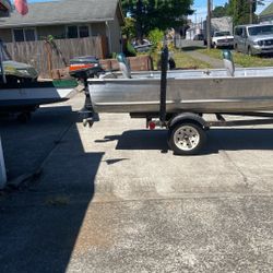 14’ Aluminum Boat W/8 Hp Mariner And Titled Trailer