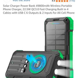 Solar Charger Power Bank 49800mAh Wireless Portable Phone Charger, 22.5W QC3.0 Fast Charging Built in 4 Cables with USB C 6 Outputs & 2 Inputs for All