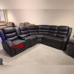 Black leather livingroom recliner sectional couch