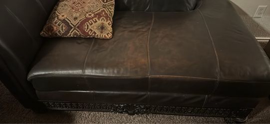 Dark Brown Leather Sofa with Carved Wood Base