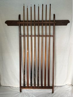 Vintage Oak Wood Pool Cue Stick Holder w 8 Sticks