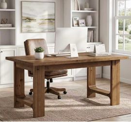 LD0216 63-Inch Wooden Executive Desk, Solid Wood Computer Desk with Sturdy Legs, Farmhouse Workstations Writing Table Conference Table Business Furnit