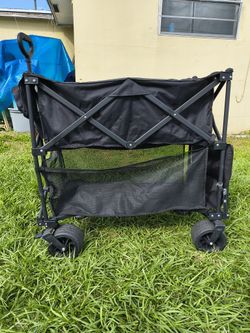 Double Decker Folding Wagon Cart with Brakes Heavy Duty Utility Trolley 450 Pound Capacity for Outdoor Use, Black, 51"*22.4"*41.7"