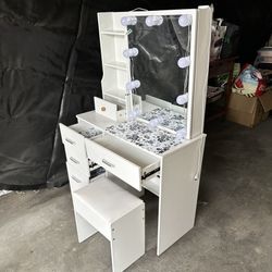 Small White Vanity Desk w/ Light-Up Mirror & Stool