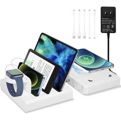 75W Charging Station for Multiple Devices, 5 in 1 Fast Charging Station with 20W PD Port and 15W Wireless Charging Dock, Watch Holder, for Phone/Kindl