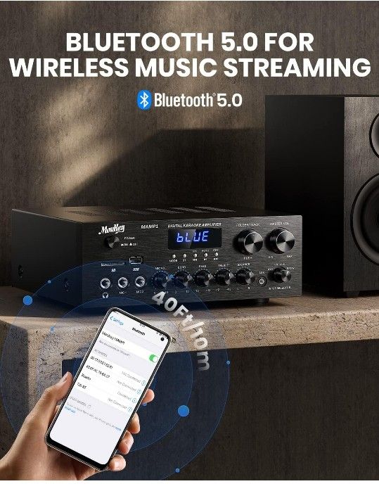Moukey Home Audio Amplifier Stereo Receivers with Bluetooth 5.0, 400W 2.0 Channel Power Amplifier Stereo System w/USB, SD, AUX, RCA, MIC in w/Echo, LE