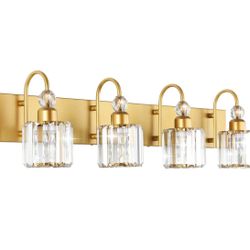 Gold Vanity Lights 4-Light Crystal Bathroom Wall Lighting Fixture, Round-Gold, Model 8600 Light Modern Bathroom Crystal Vanity Light Wall Sconces
