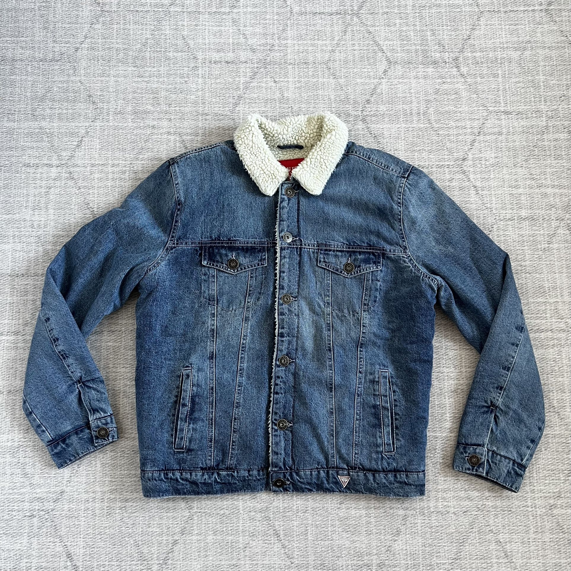 Guess Los Angeles Men’s Blue Denim Jean Sherpa Lined Button Up Jacket LARGE