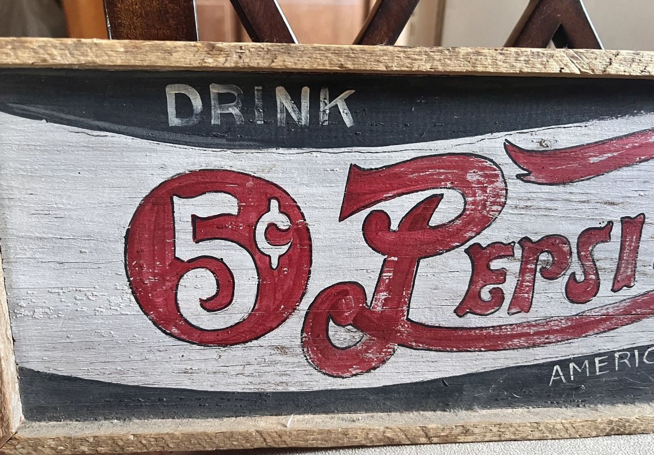 ⭐ Hand-Painted Pepsi-Cola 5¢ Sign ~ Rustic Americana Art by Pat Little (Kansas Artist)