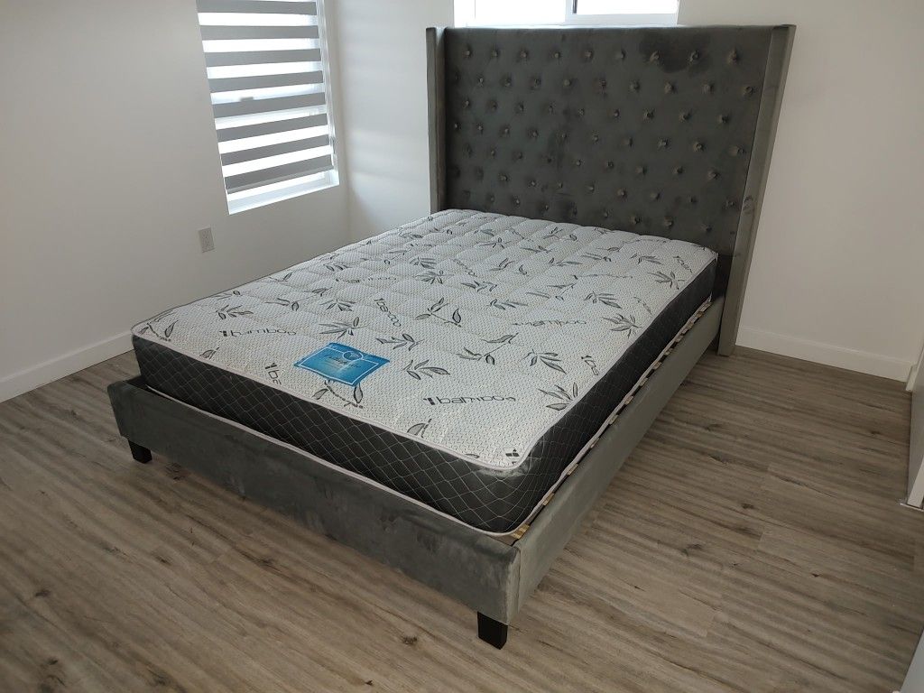 Brand New Queen Bed Grey Velvet With Orthopedic Bamboo Matt $469