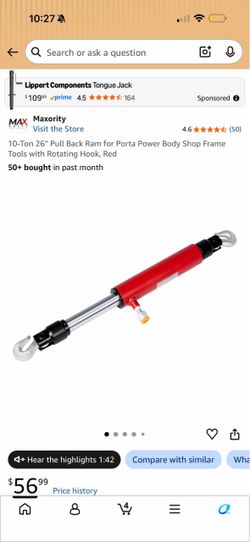 0-Ton 26'' Pull Back Ram for Porta Power Body Shop Frame Tools with Rotating Hook, Red 112