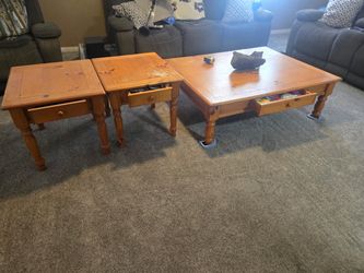 Pine Wood Coffee Table and End Tables Set