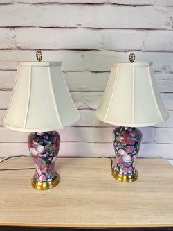 Vintage Chinoiserie Fruit Floral Lamp 2pc
