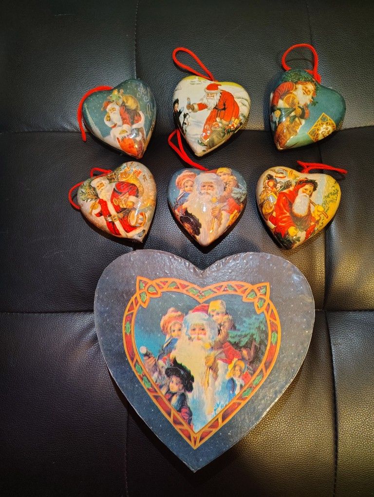 Vintage Paper Mache Heart Shaped Christmas Ornaments