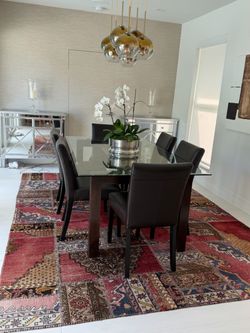Italian Glass Dining Table + 6 Crate & Barrel Leather Chairs –