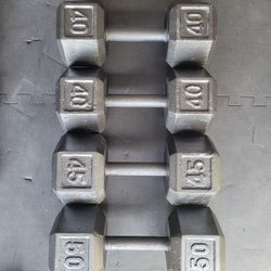 Hex Dumbbells (2x40Lbs,1x45Lb and 1x50Lb) for $130 Firm (Walnut 91789)