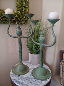 $20 Set of Fantastic Metal Candle Holders, Patina with a Bird. 
21" & 19"