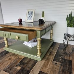 Vintage solid wood coffee table w/ real granite ston.Refinished with green sage , gold color & stain