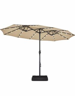 #F  13 FT Double-Sided Solar LED Patio Umbrella w/Base Color: Tan 36 Solar LED Lights • UV Protection • Reinforced Fabric Sturdy Metal Frame • Base & 