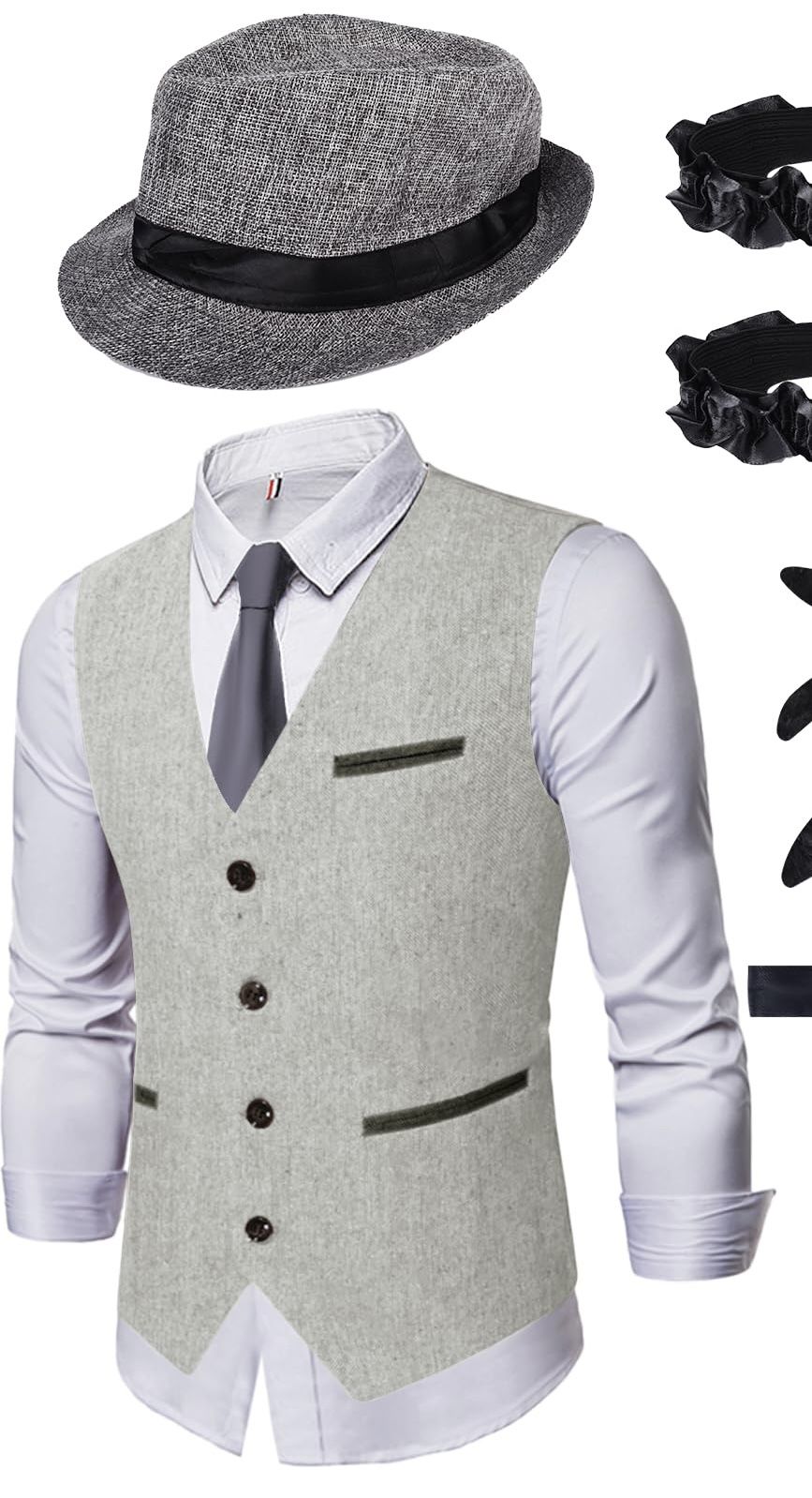 JONRRYIN 1920s Mens Costume Accessories Set, Gangster Costume Mens, Roaring 20s Costumes Men For Halloween, Party Costumes (Grey, XXXL