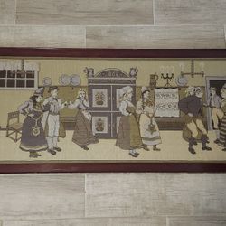 Antique Embroidered Silk Tapestry Christmas Family Scene 
