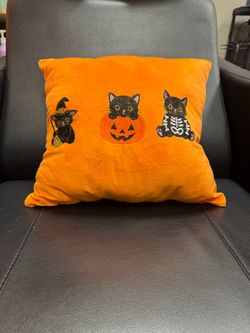 Handmade Halloween Cat Pillow – 14x14 Orange Halloween Decor