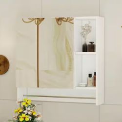 Polibi 21.6 in. W x 22 in. H White Rectangular Wall Mounted Medicine Cabinet with Mirror, Shelves and Towel Rack