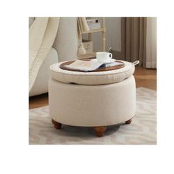 24Inch Round Storage Ottoman with Tray, Modern Tufted Fabric Circle Coffee Table with Storage, Upholstered Ottoman with Removable Top for (DD9)