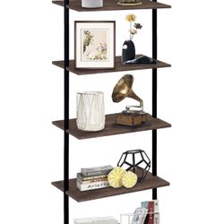 Wolawu 5 Tiers Ladder Shelf Brown Modern Bookshelf Open Tall Wall Mount Bookcase Standing Leaning Wall Shelves Industrial Decorative Living Room Bed R