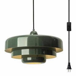 0482: New Plug-in Green Pendant Light Fixtures, 16FT Hanging Lights with Plug in Cord 3-Layer Shade Mid Century Modern Hanging Lamp Pendant Lighting 