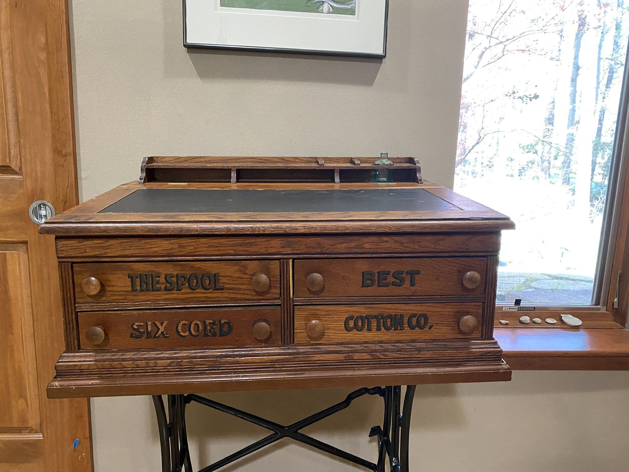 Antique Clark's O.N.T. Cotton Oak Lift Top Spool Desk & custom stand