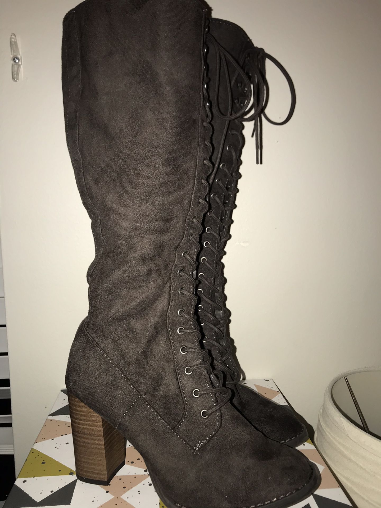 Grey heeled boots