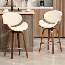 26'' Swivel Bar Stools Set of 2, Upholstered Faux Leather. Beige