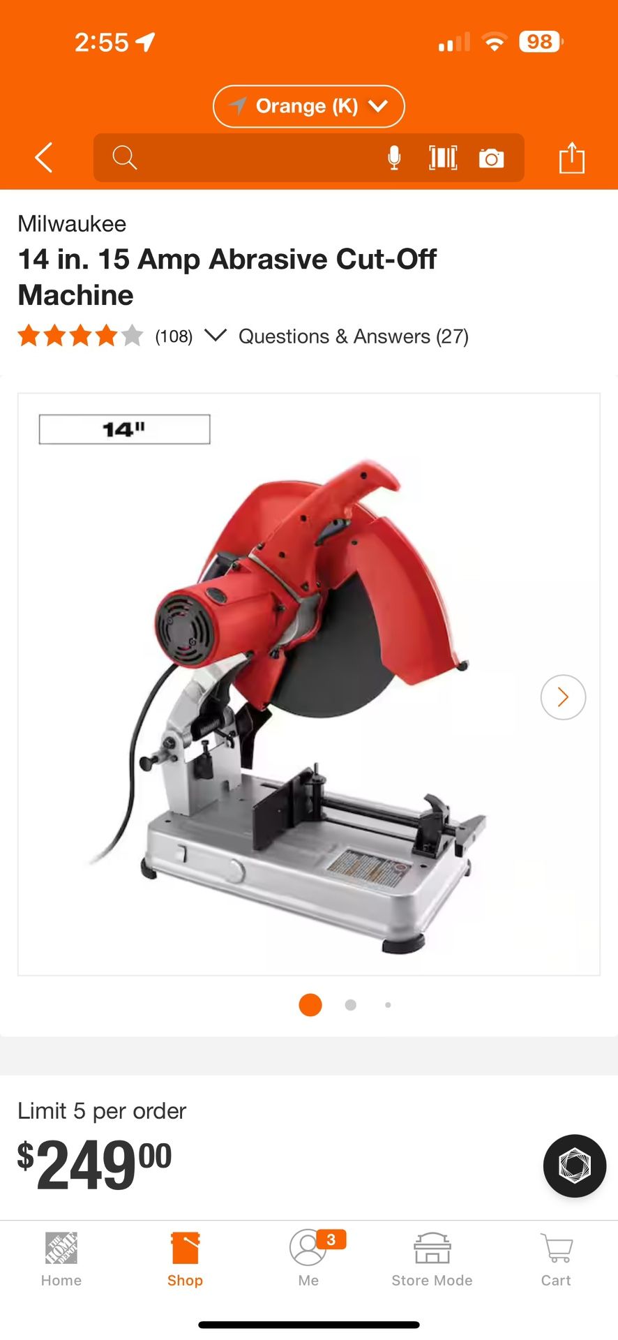 Milwaukee 14 in. 15 Amp Abrasive Cut-Off Machine Used Only One Time $175