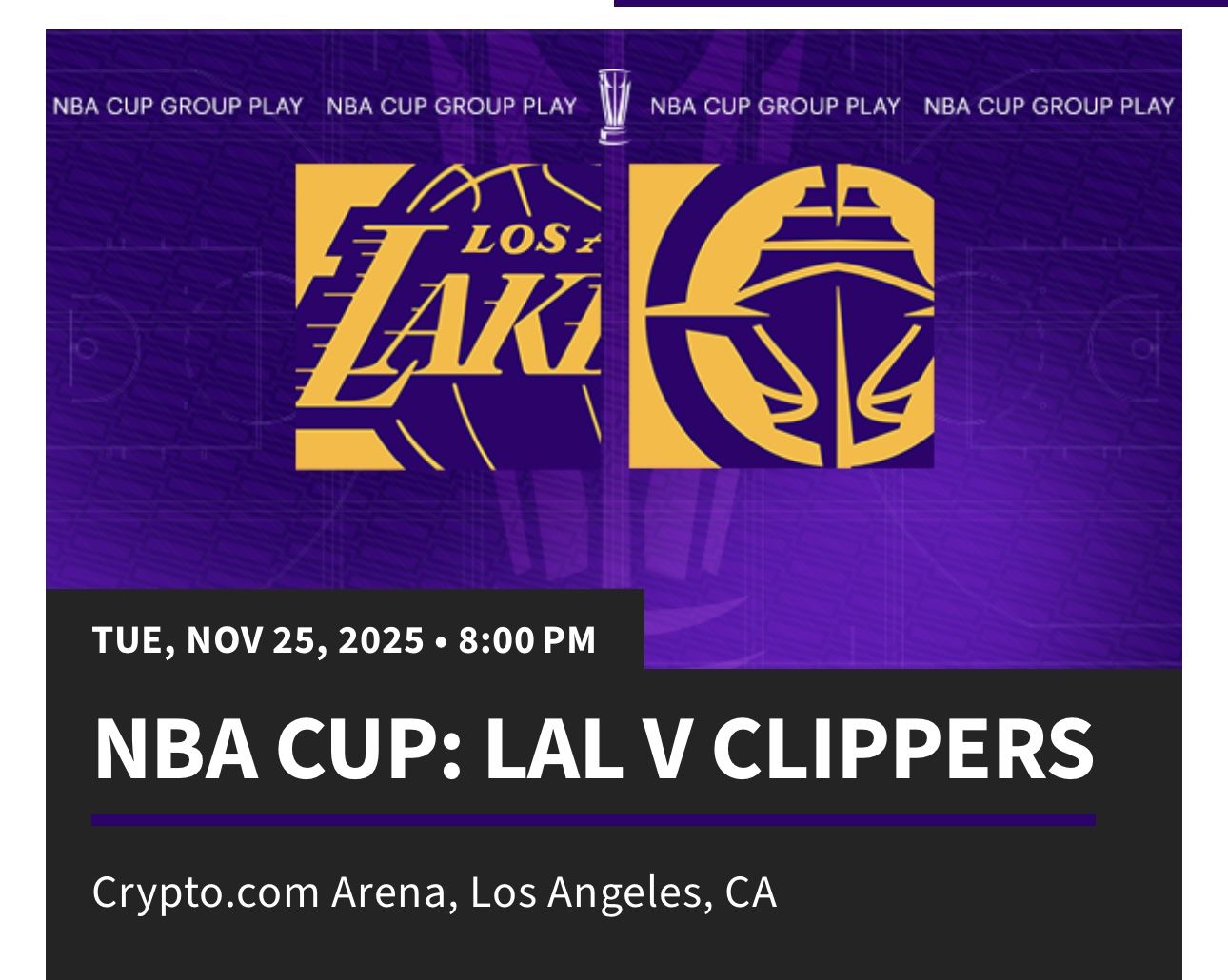 Lakers Vs Clippers Nov 25 Cup Game 8pm