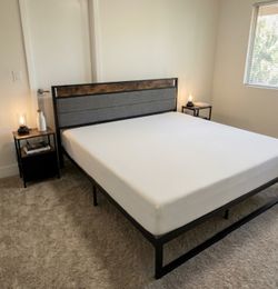 Modern Industrial King Size Metal Bed Frame with Upholstered Headboard and mattress